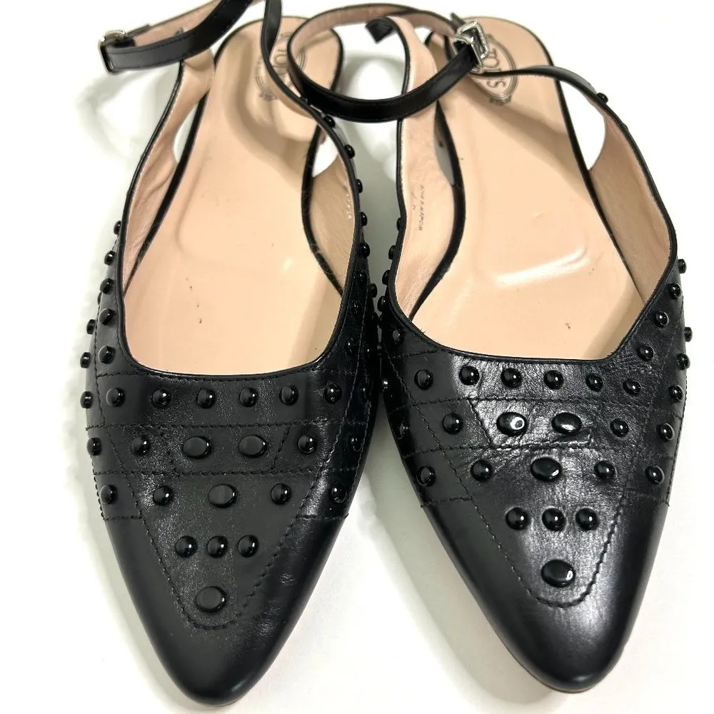 Tod's Embellished Point-Toe Flats with Ankle Strap in Black Size 10.5 / 11 - Image 7