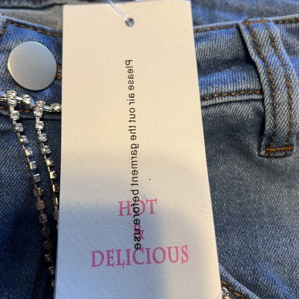 Hot & Delicious Rhinestone Fringe Jeans Y2K Inspired Distressed Womens Small NWT - Image 14