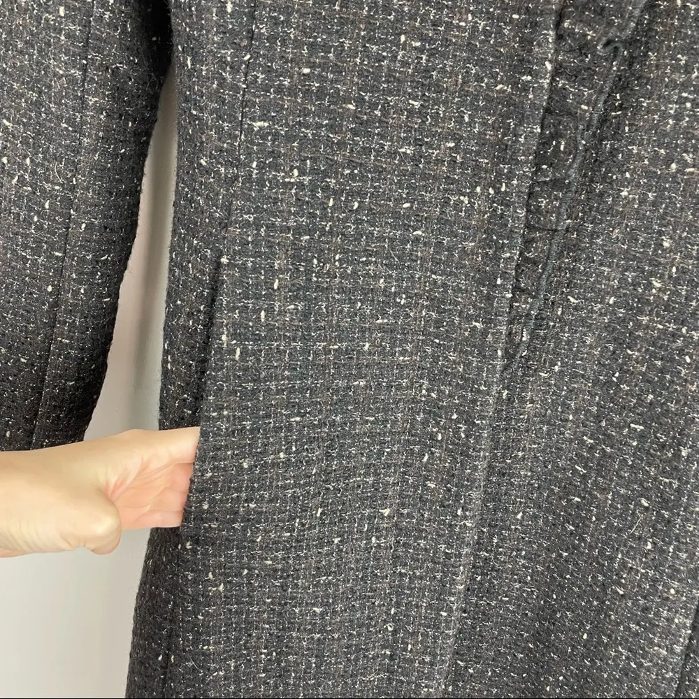 DKNY Black Brown Tweed Wool Ruffle Longline Coat Jacket Sz 4 - Image 8