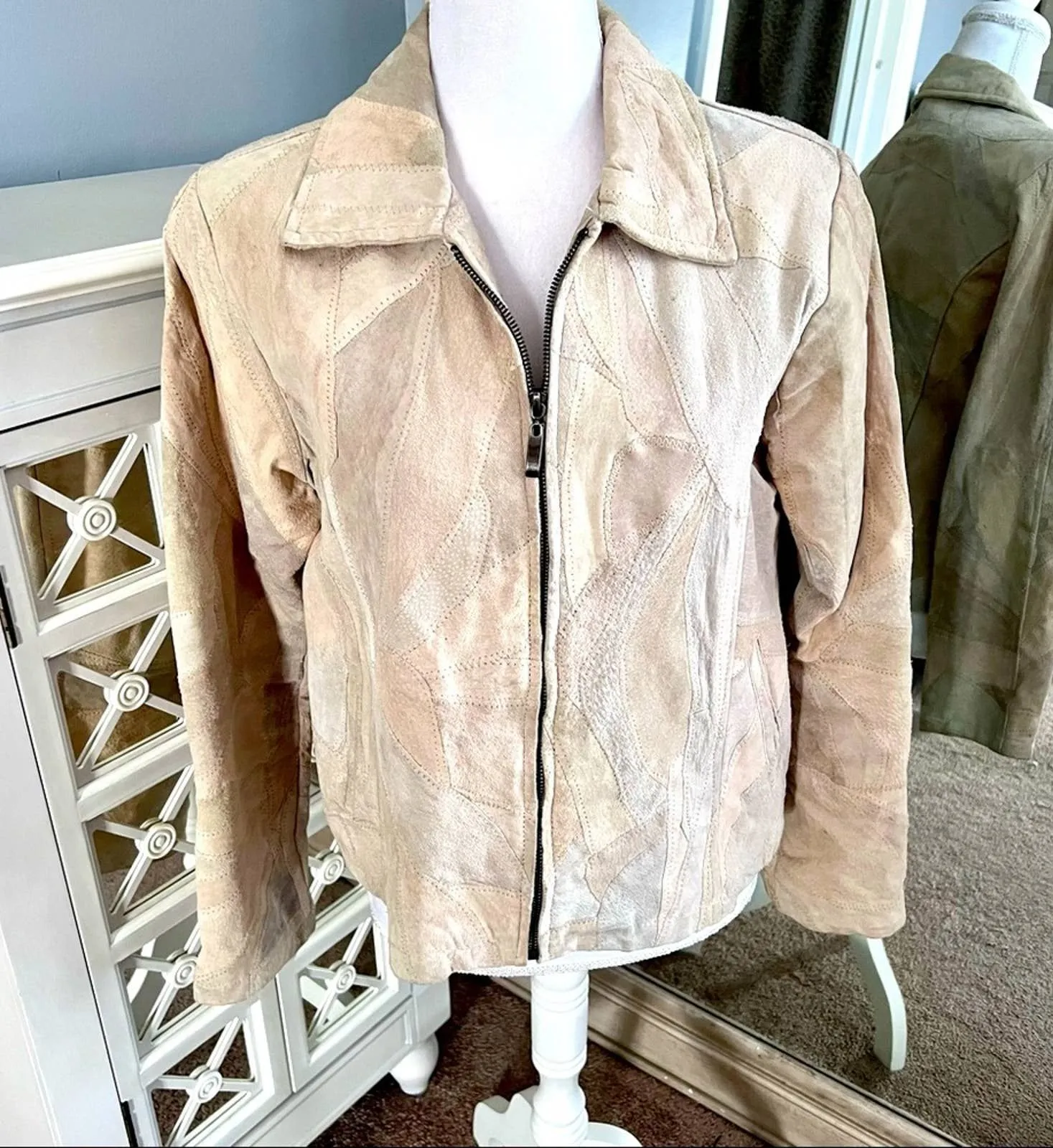Vintage leather suede cream patchwork jacket zip up Large - Image 1