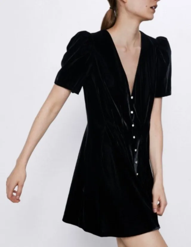 Black Velvet V-Neck Gem Rhinestone Button Front Mini‎ Glam Dress ZARA - S - Image 1
