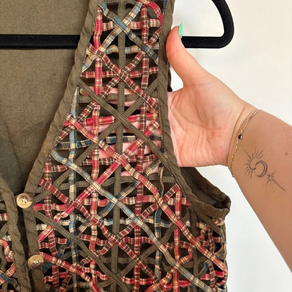 Vintage 90s Olive Green Hippie Cottage Vest Woodstock Boho Art Girl Large - Image 4