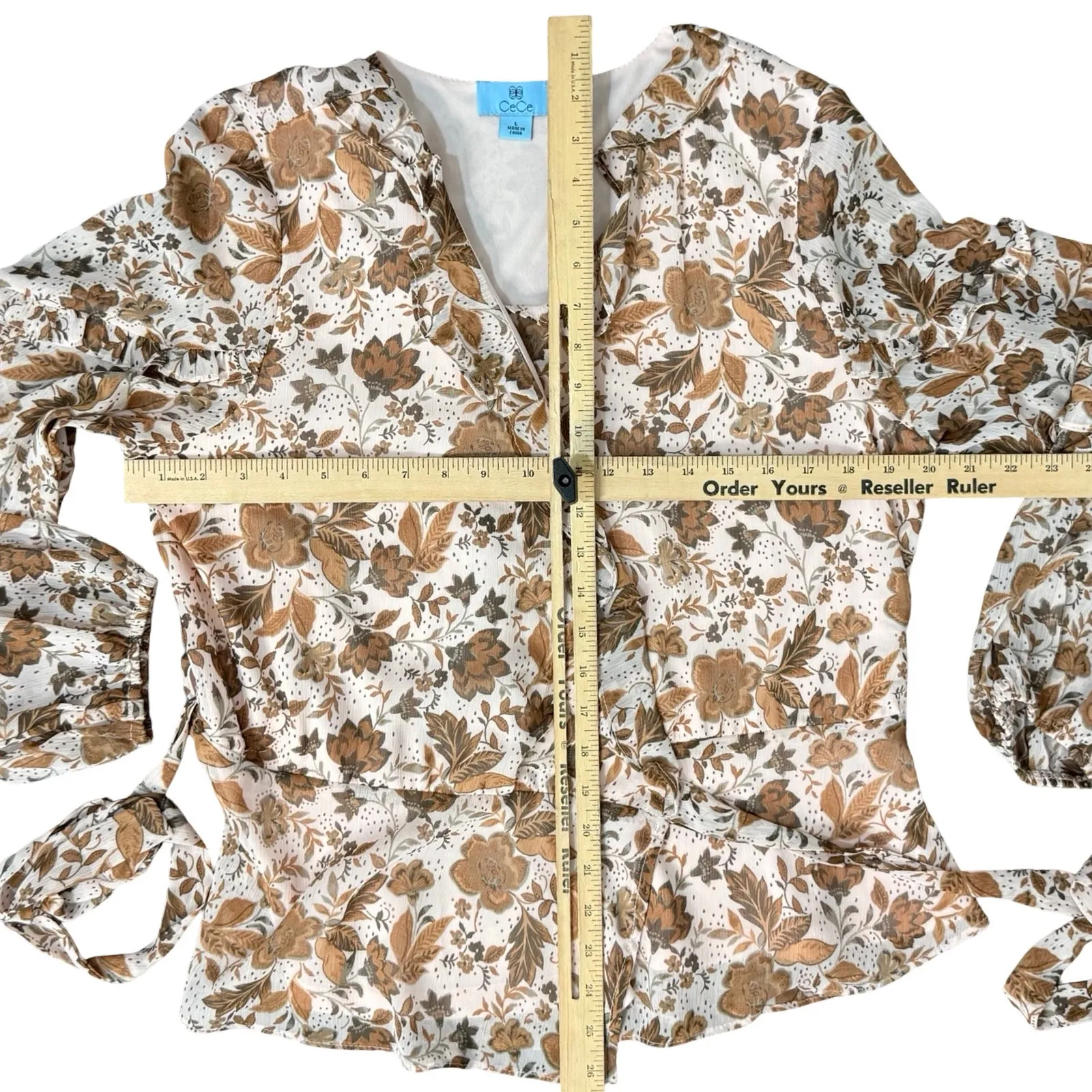 CeCe Cream Tan Fall Floral Leaves Ruffle Long Sleeve Tie Waist Wrap Top size L - Image 5