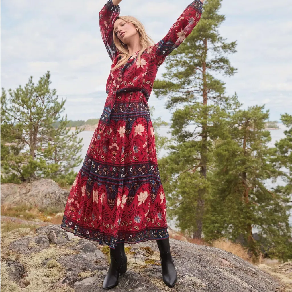 NWT LOFT Red Floral Bow Neck Tiered Midi Dress Western Boho Sheer Sleeve Size SP - Image 10