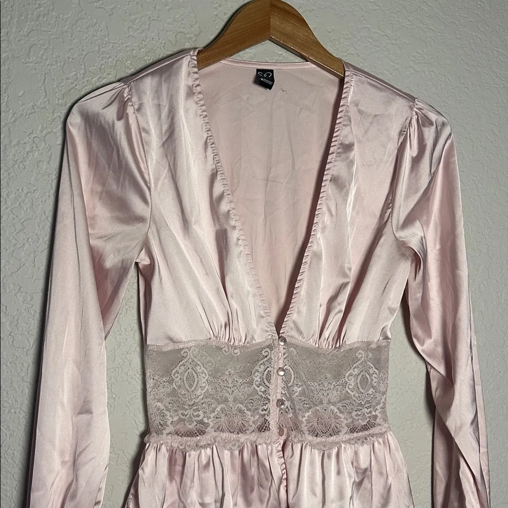 Windsor Blush Pink Satin Blouse Lace Sexy Y2K Plunging V Valentines Sheer Small - Image 2