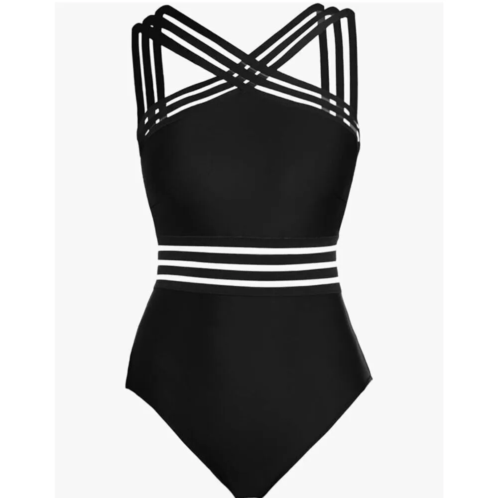NEW Crisscross 1 Pc Swimsuit Tummy Control Bathing Suit Front Crossover L Black Size L - Image 5
