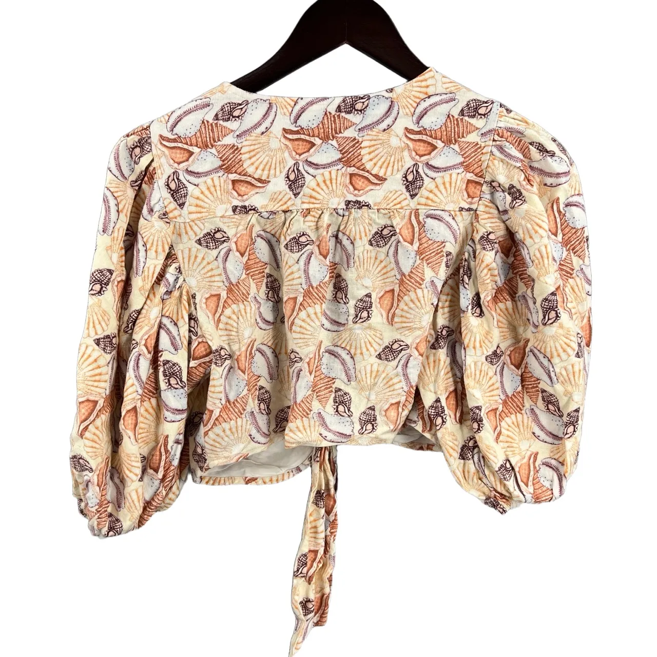 UO Linen Crop Boho Top Balloon Sleeves Tie Front Shell Print Size Small - Image 3