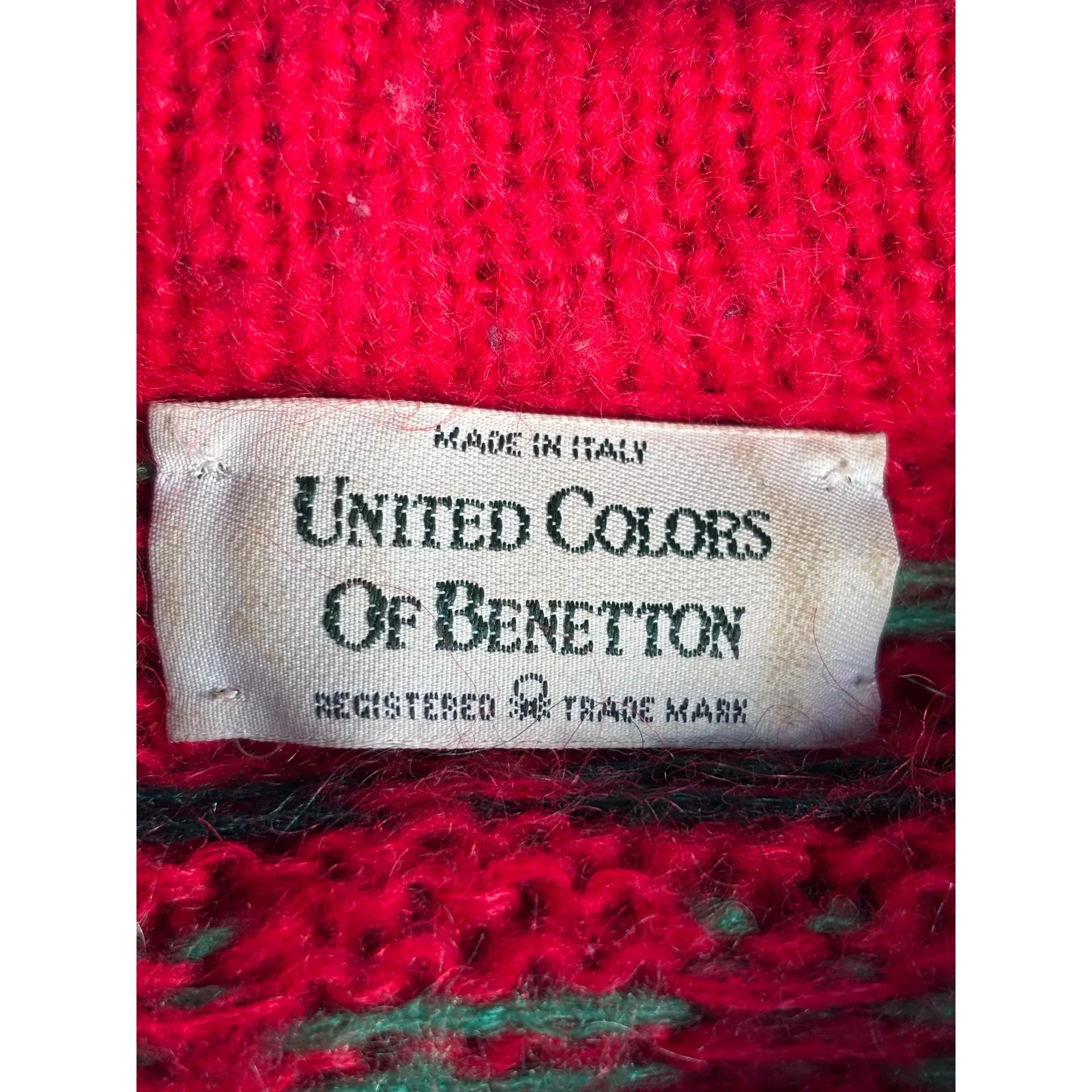 Vintage United Colors Of Benetton Red Green Abstract Polka Dot Wool Cardigan - Image 8