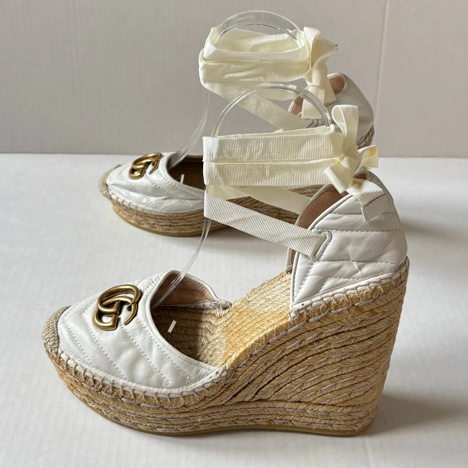 Gucci GG Espadrille Wedge Sandals Ankle Wrap Quilted Matelasse Leather Size 39.5 - Image 4
