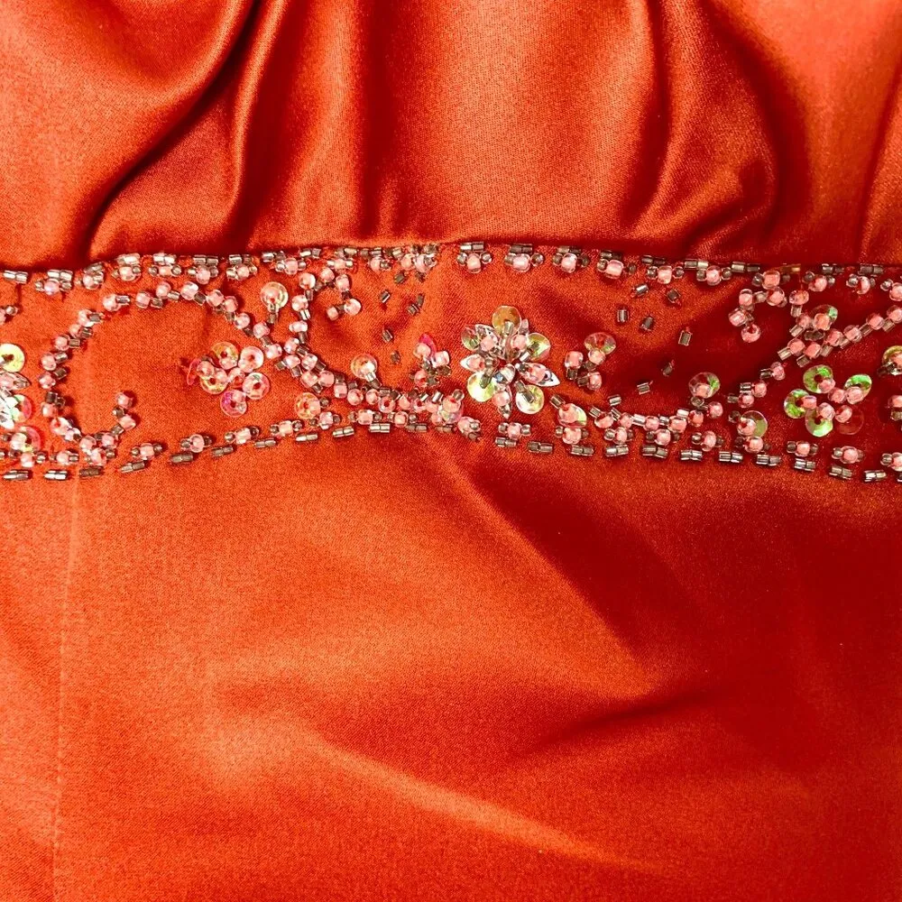 Bronze Satin Strapless Gown Beaded Empire Waist Pleated Bust Bridgerton 14 New Orange - Image 4