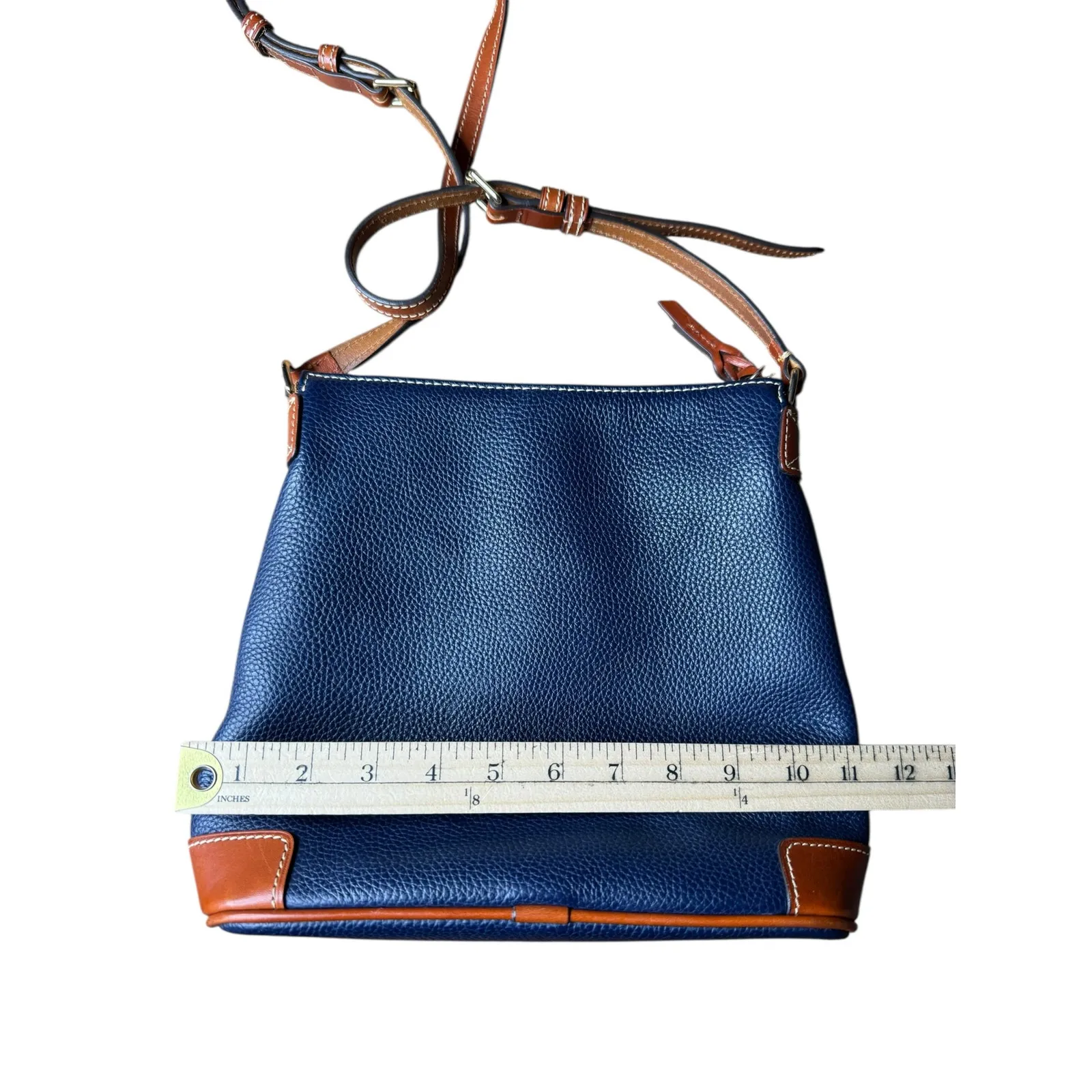 Dooney & Bourke Pebble Grain Crossbody Bag Navy Blue Leather Tan Trim - Image 4