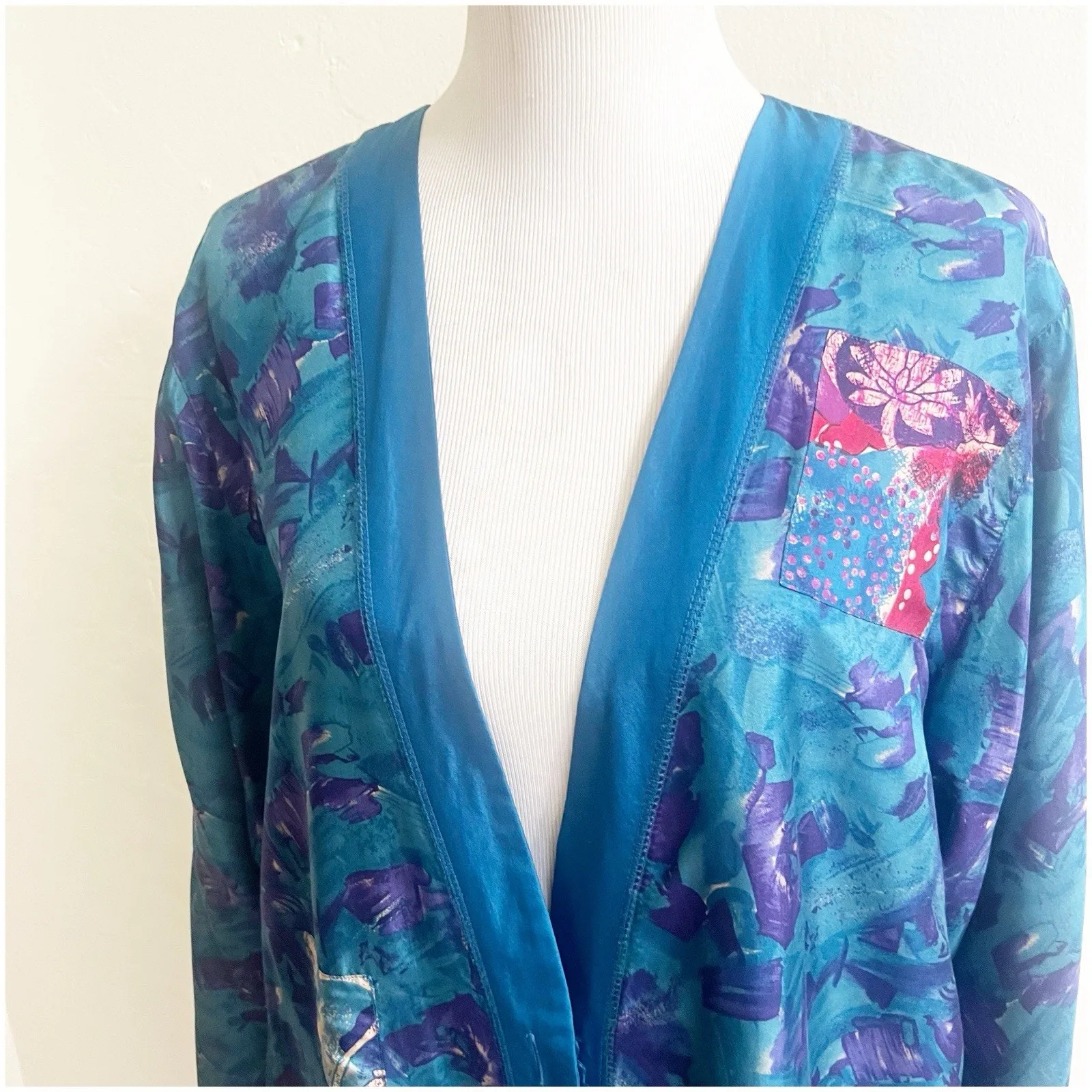 Carole Little Vintage 100% Silk Cardigan Style Sleep Shirt Blue Patchwork 14W Size undefined - Image 5
