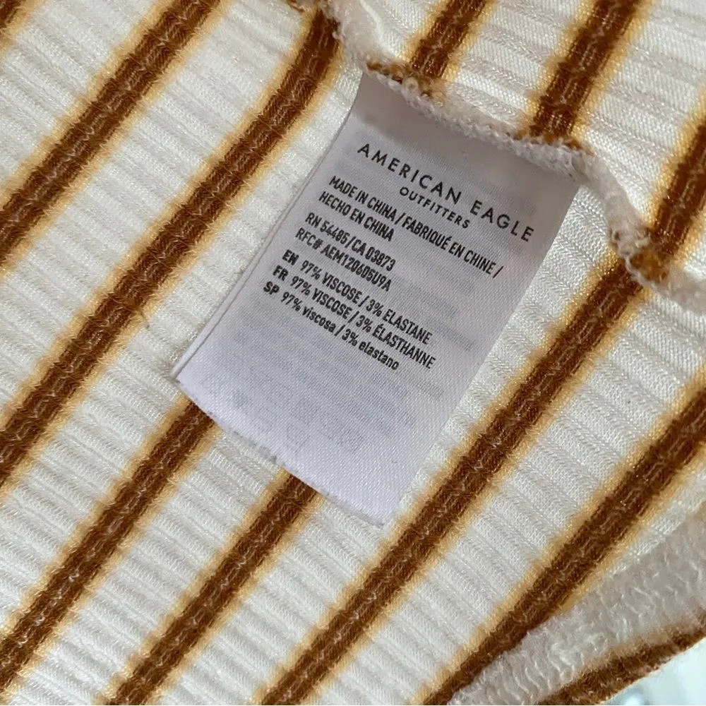 American Eagle Baby Tee Crop Top White Mustard Stripes Front Tie Sz small - Image 4