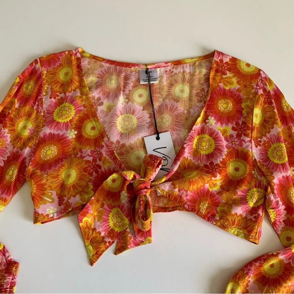 VDM Revolve Orange Multicolor Retro Floral Print Swim Coverup Tie Front Crop Top - Image 4