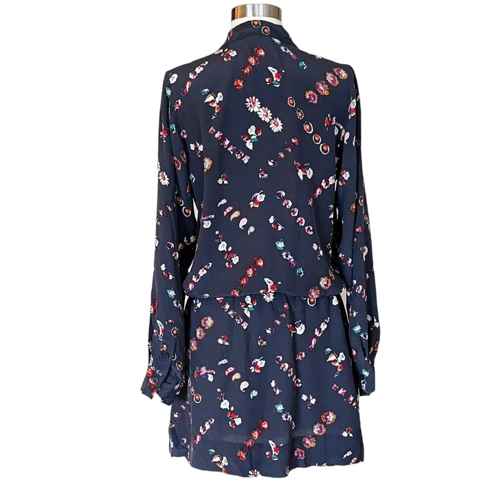 REBECCA TAYLOR SILK Mini Shirt Dress Cocktail Blue Floral Button Down Ruffles 8 - Image 8