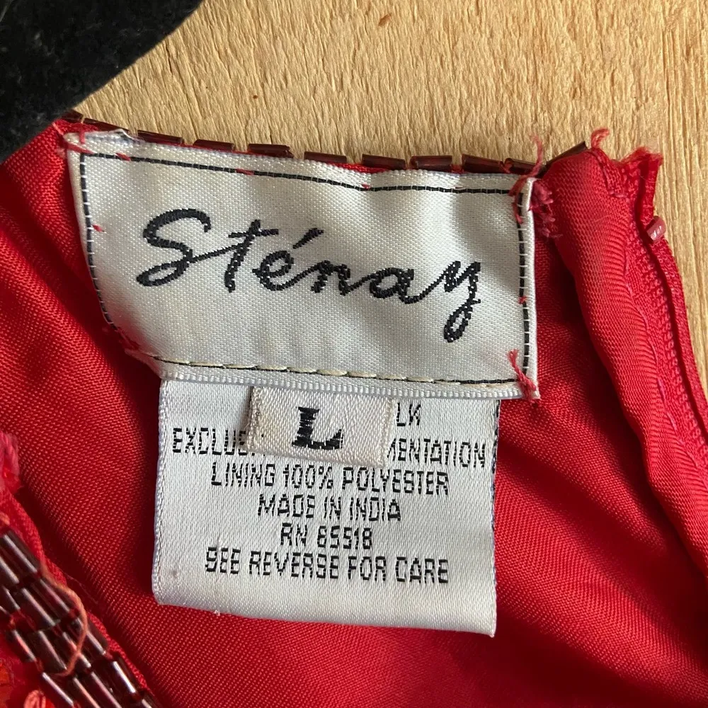Vintage Stenay 80s Red Silk Beaded Sequined Formal Cocktail Dress Sz L Size L - Image 8