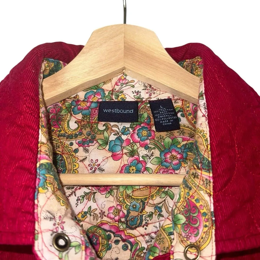 Westbound Womens Red Quilted Corduroy Chore Style‎ Paisley Print Lined Coat Sz L - Image 4