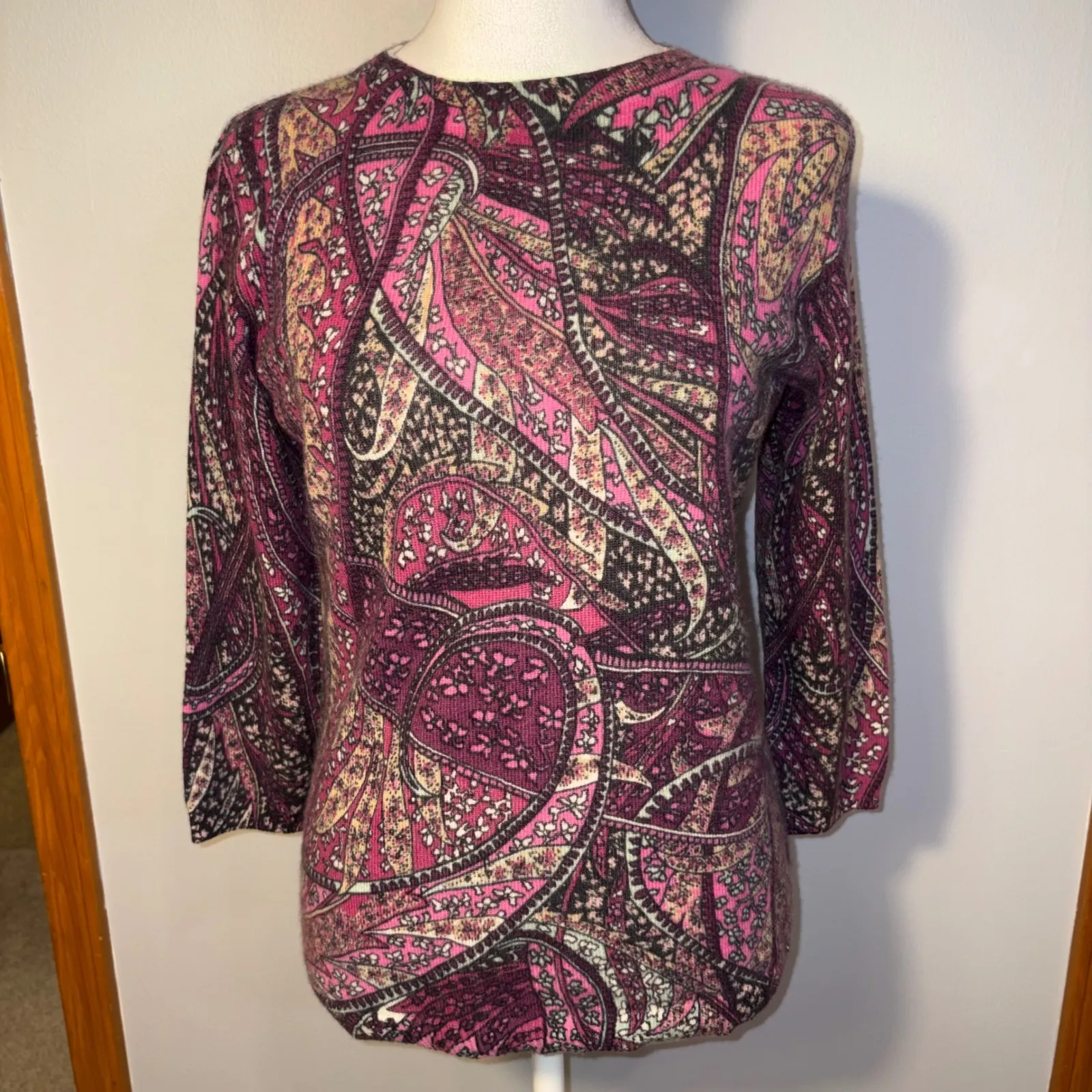 Talbots Petite Audrey Cashmere sweater purple autumn Paisley 3/4 sleeve Size SP - Image 2