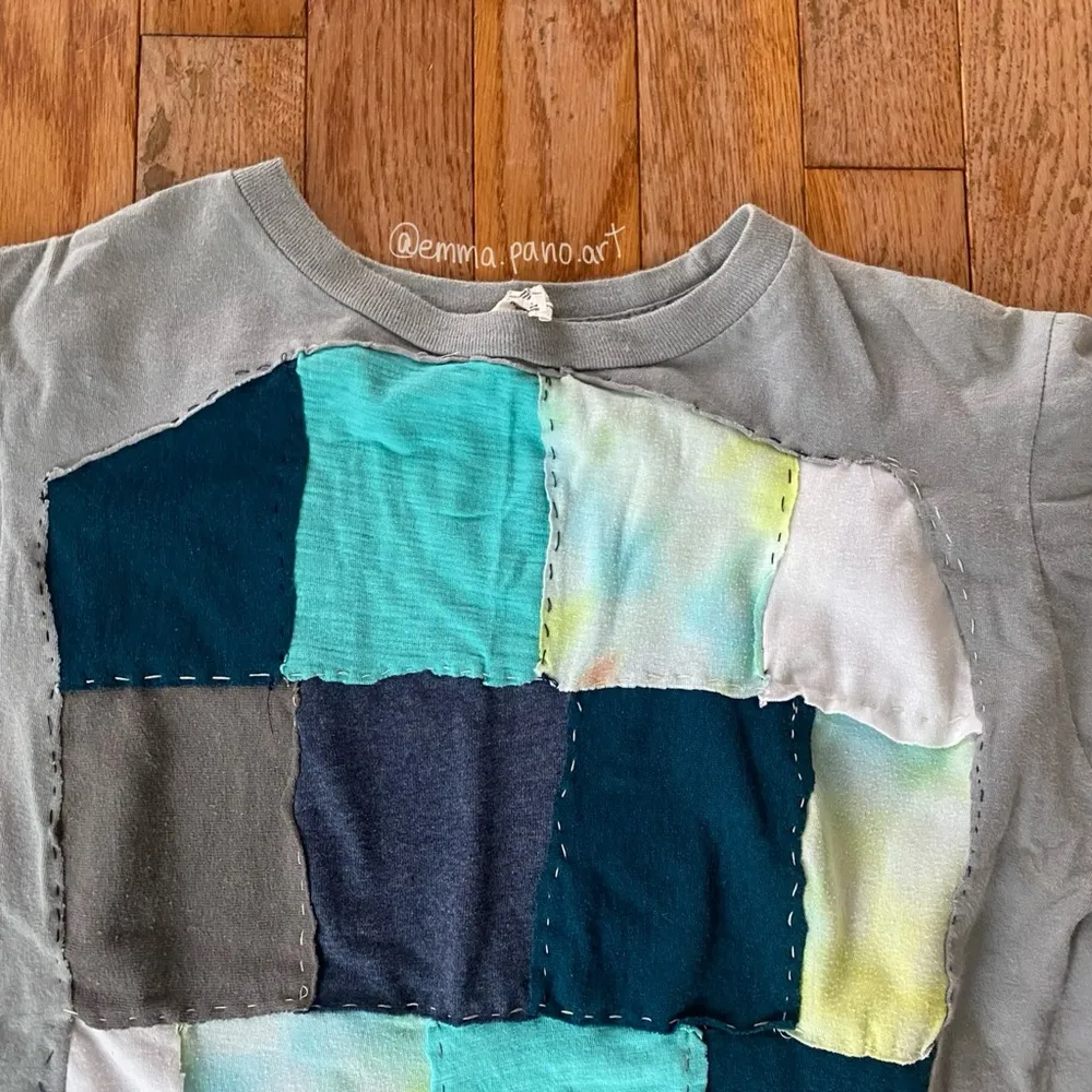 blue gray white checkered reworked hand sewn patchwork  shirt - Image 2