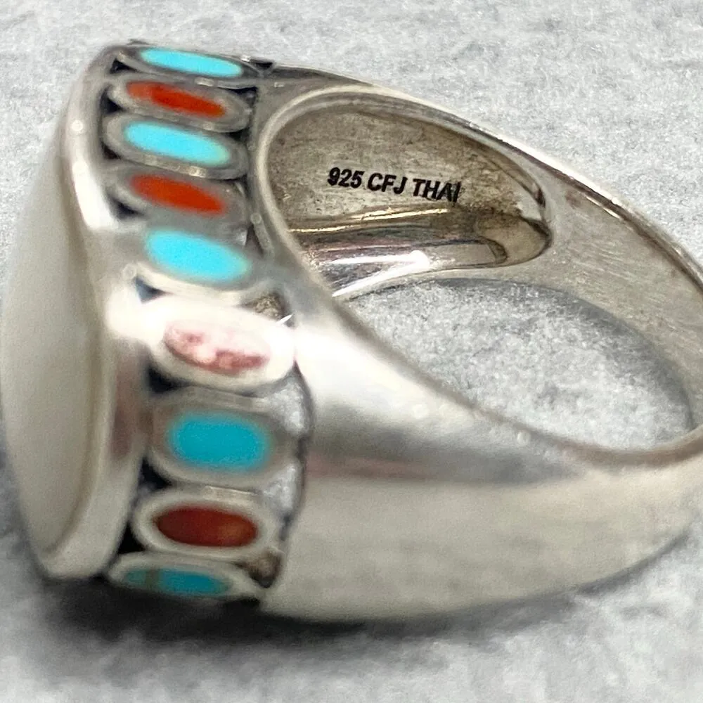 Designer CFJ Thai Sterling 925 MOP Western Band Statement Cocktail Ring Sz 9.75 Silver - Image 4