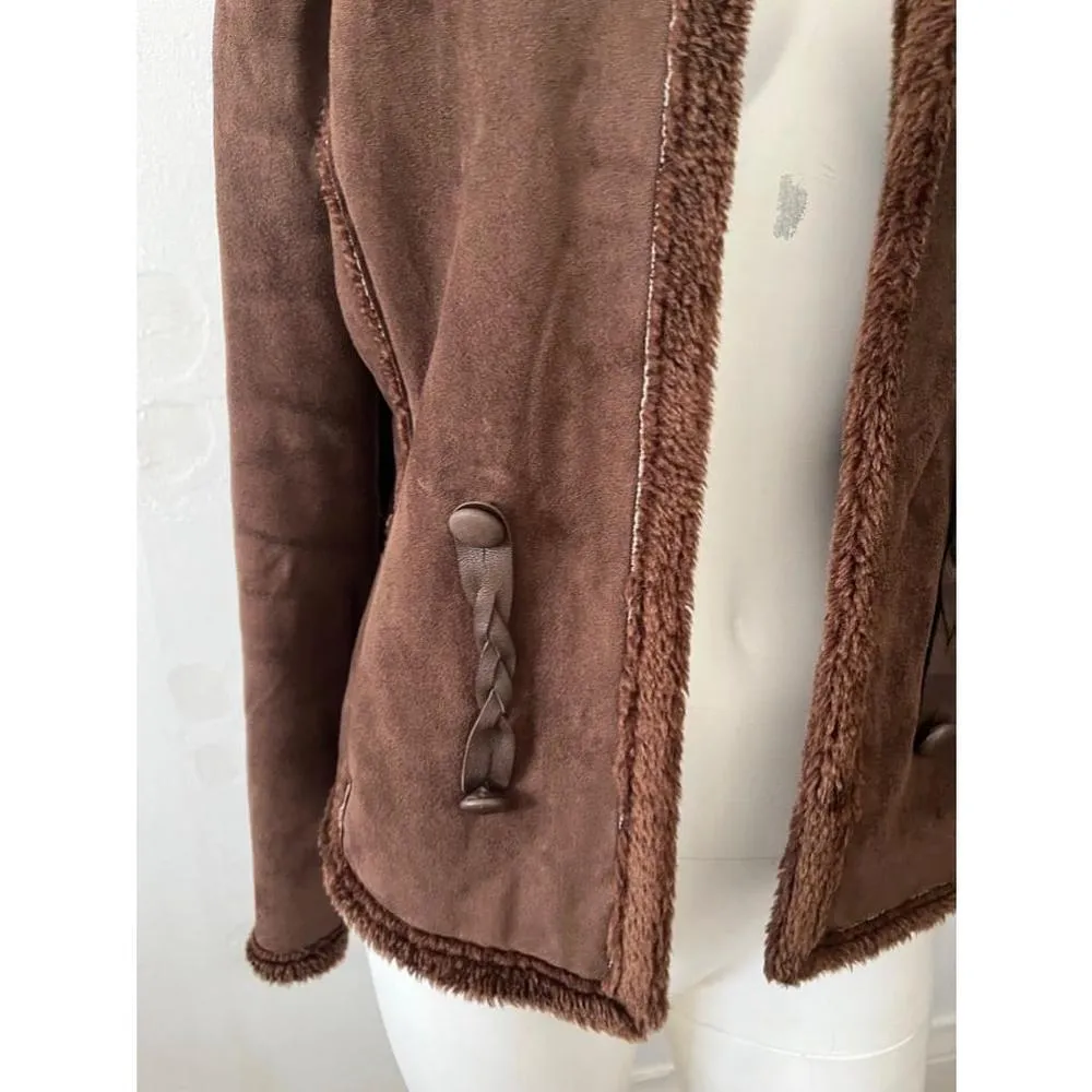 Anne Klein Brown italian leather shearling faux fur Sherpa Lined Jacket Size 4 - Image 3