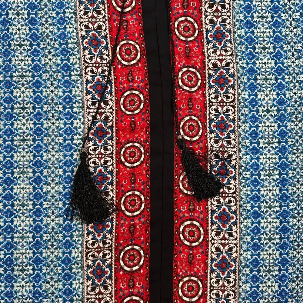 Kate & Mallory Caftan Shift Dress Coverup Women's Large 3/4 Sleeve Tassel Blue - Image 9