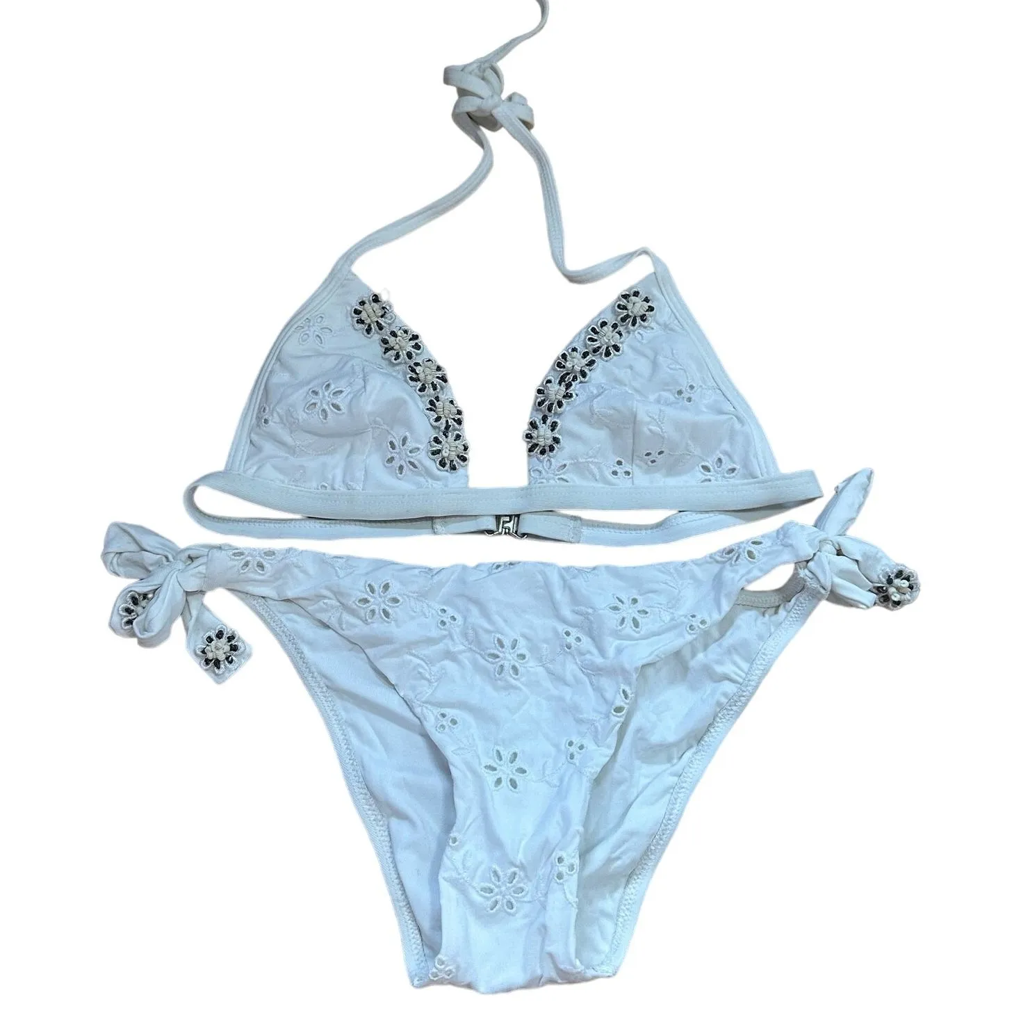 Valery Blu White Eyelet Bikini with Floral Beading Detail Size S NEW WITHOUT TAG - Image 1