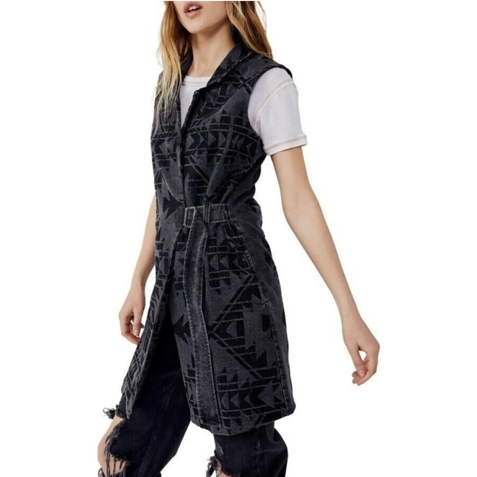 Free People Geometric Print Longline Denim Vest in Black XS - Image 8