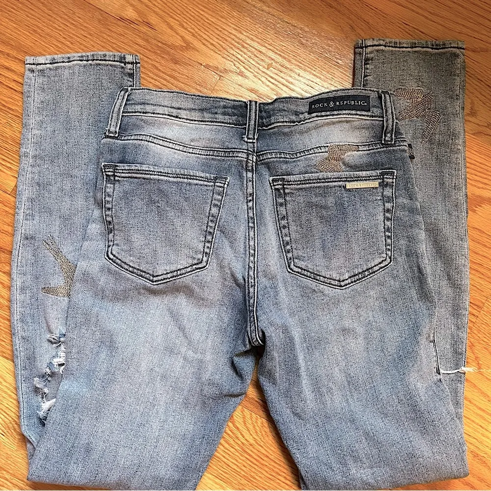 Rock & Republic Silver Chain Bird Distressed Skinny Blue Jeans Women's Size 4 - Image 5