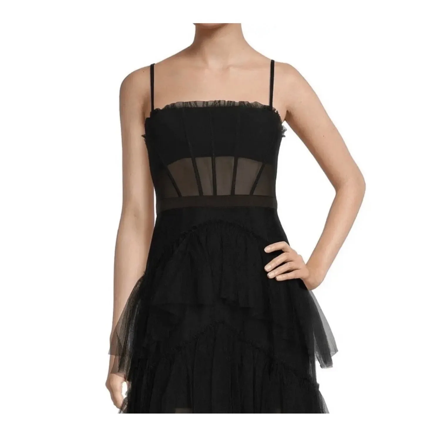 Betsy & Adam Black Mesh Corset Tulle Tiered Cocktail Prom Evening Ball Gown 10 - Image 3