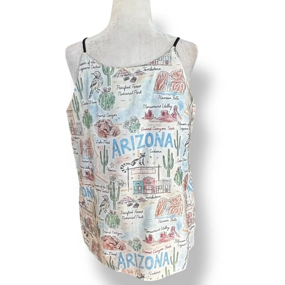 Handmade Arizona Map Print Tank Top Cream Cactus Desert Scene Southwest OOAK - Image 5