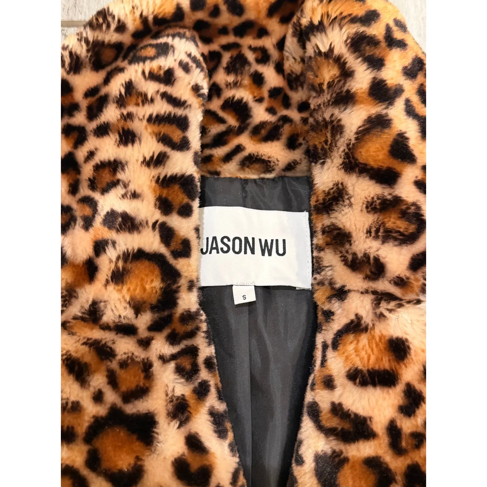 Jason Wu Faux Fur Coat Womens S Brown Leopard Fuzzy Plush Lined Designer Jacket - Image 7