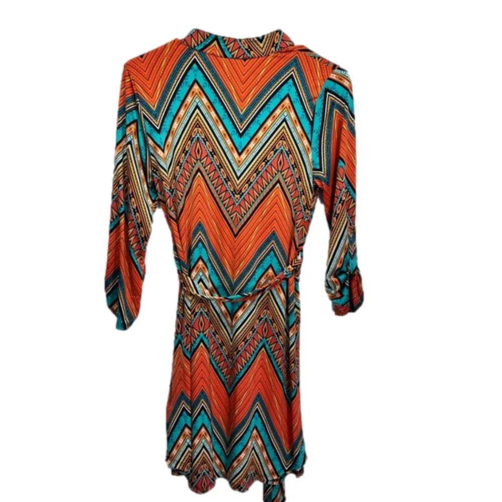 Auditions Southwestern Orange Turquoise Black Zigzag Belted Dress Size Small NEW - Image 5