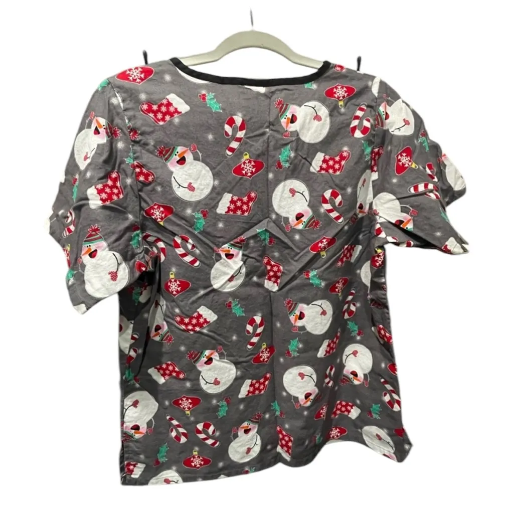 Snowman Stockings Holly Candy Canes Ornaments Christmas Scrub Top Grey X Large Gray Size XL - Image 2