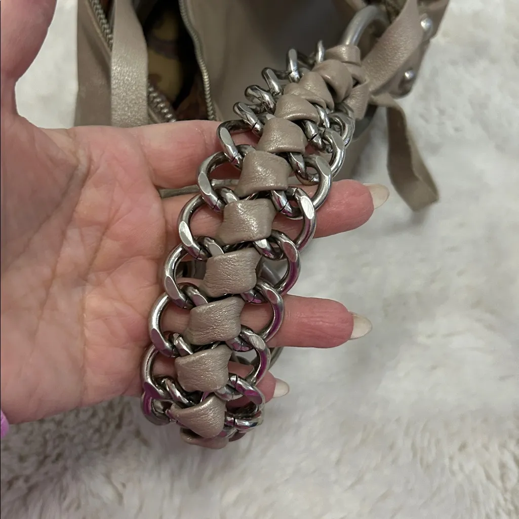 B. Makowsky Taupe Metallic Leather Hobo Bag Silver - Image 5