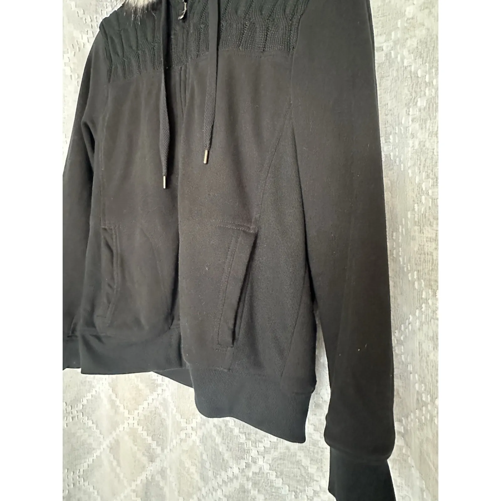 Green Tea Womens Black Faux Fur Lined Hoodie Sweater L Cable Knit Full Zip - Image 5