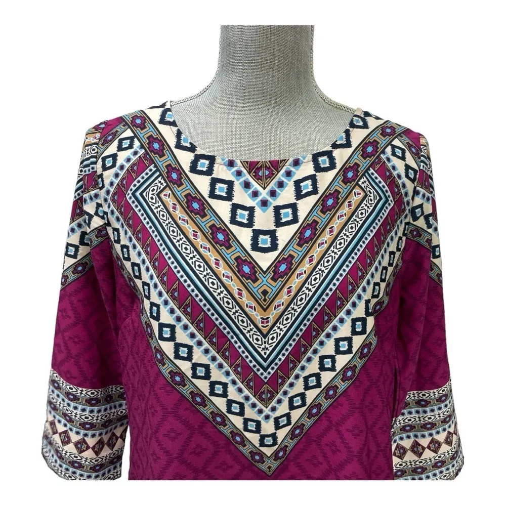PINK OWL Geometric Tribal Blouse
Multicolor 3/4 Sleeve Scoop Neck Top size M - Image 5