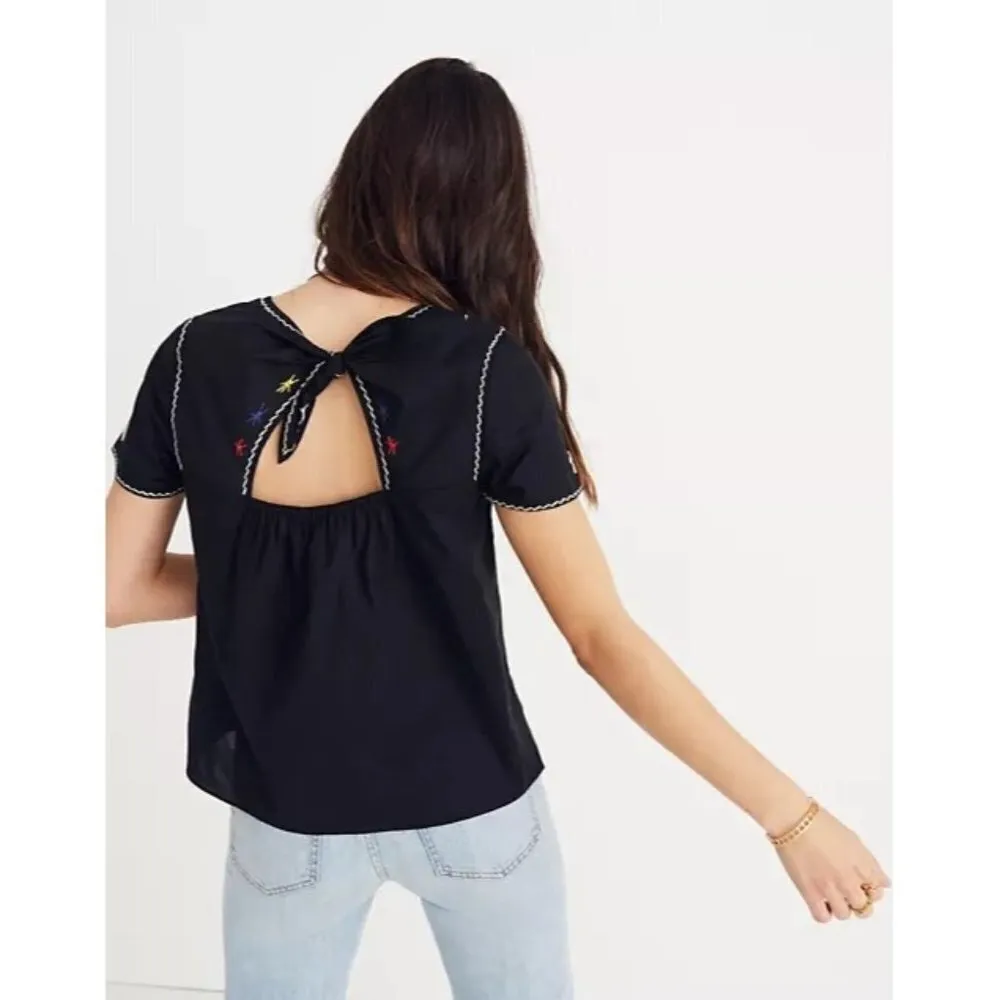 Madewell Black Embroidered Tie Back Cut Out Short Sleeve Blouse XS - Image 2