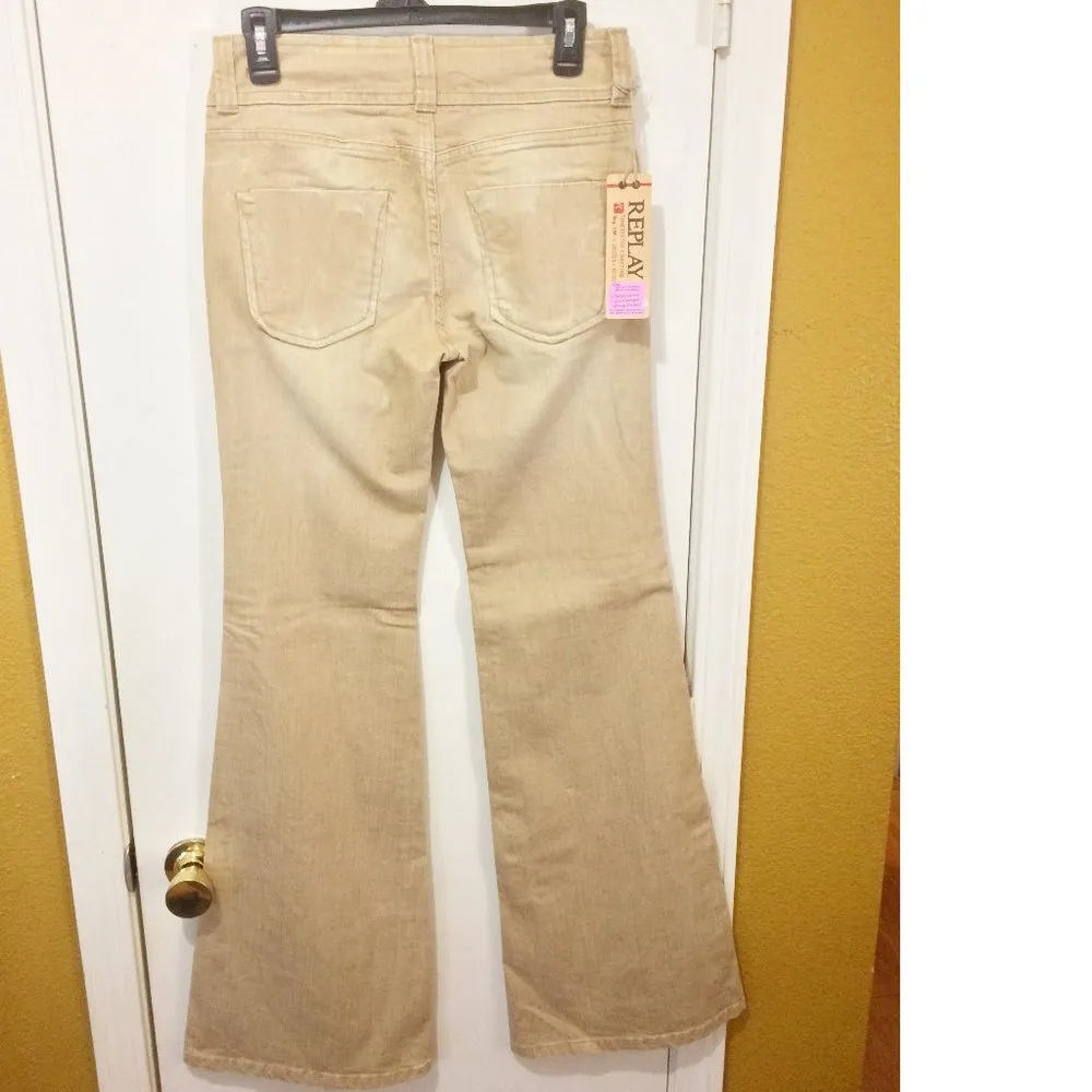 Replay women's size 28 mid rise stretch flare golden denim patch pocket jeans Tan - Image 4