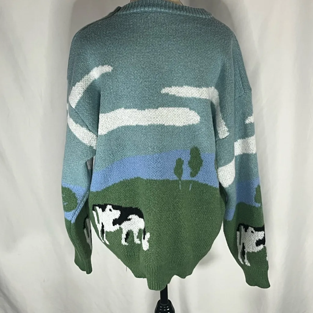 Manfinity Cow Print Landscape Crew Neck Sweater Green Size L - Image 3
