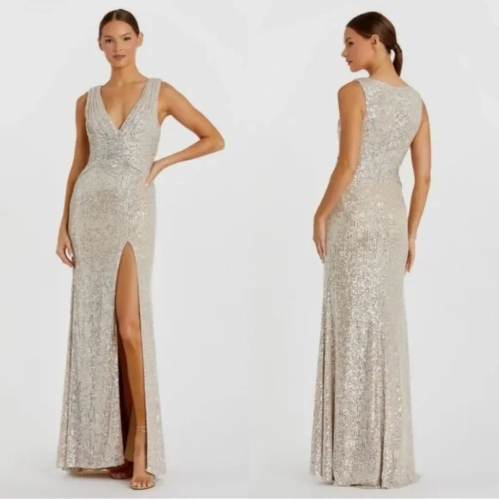 NWT Mac Duggal 26598 Nude Silver Sequin Wrap Waist Gown V Neck Slit Size 6 - Image 3