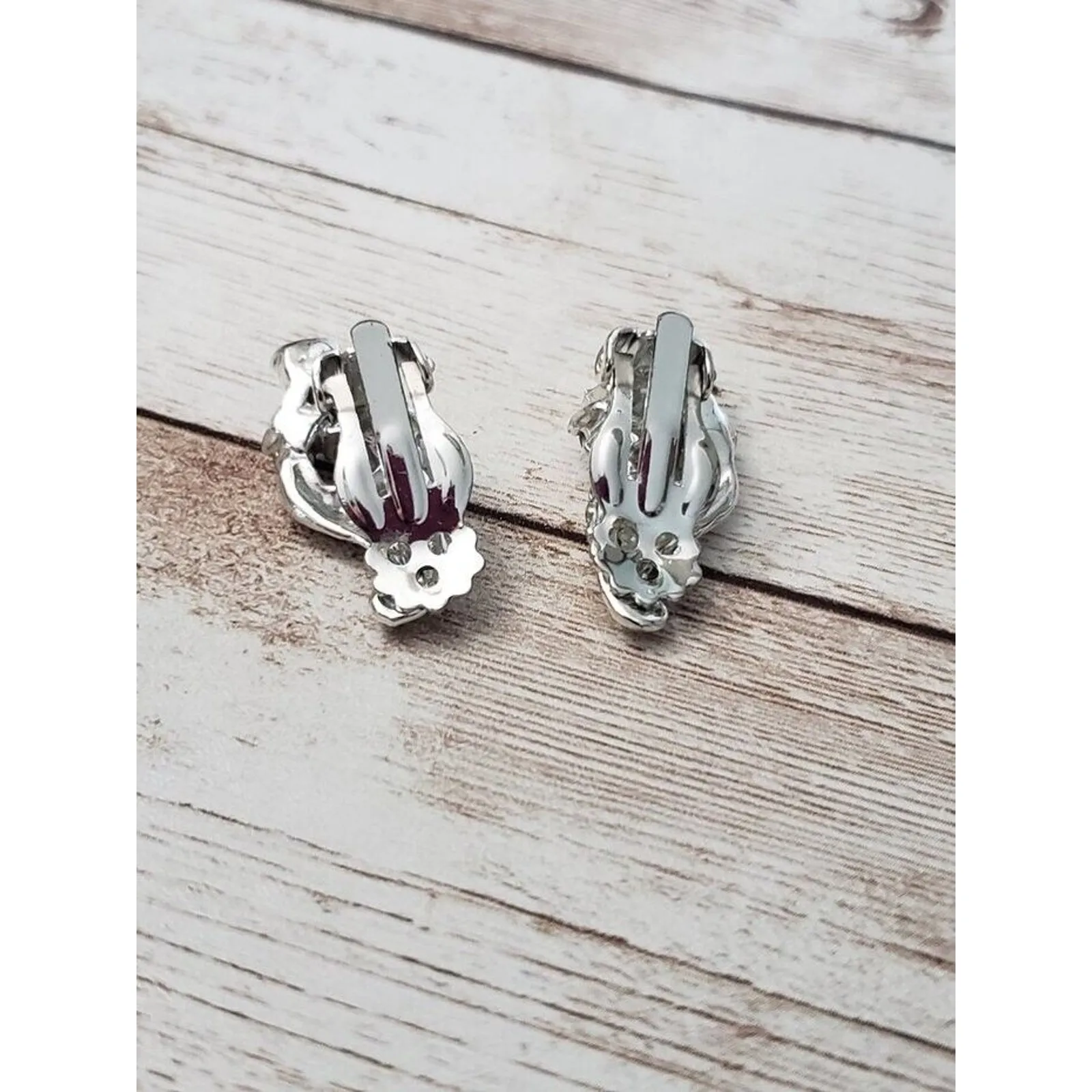 Vintage Clip On Earrings Silver Tone Hat With Iridescent Gems - Image 3