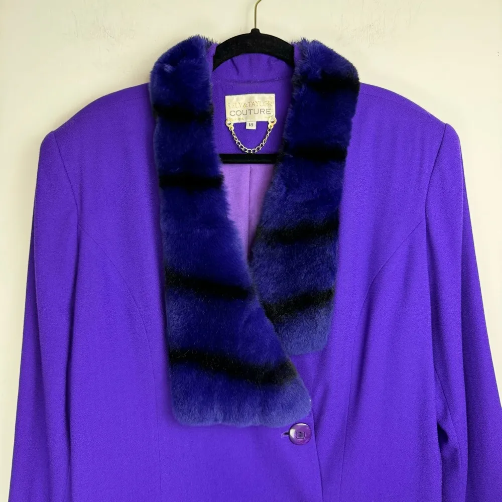 Vintage Lily & Taylor Couture Womens Wool Fox Fur Trim Jacket Coat Sz 18 Purple - Image 4
