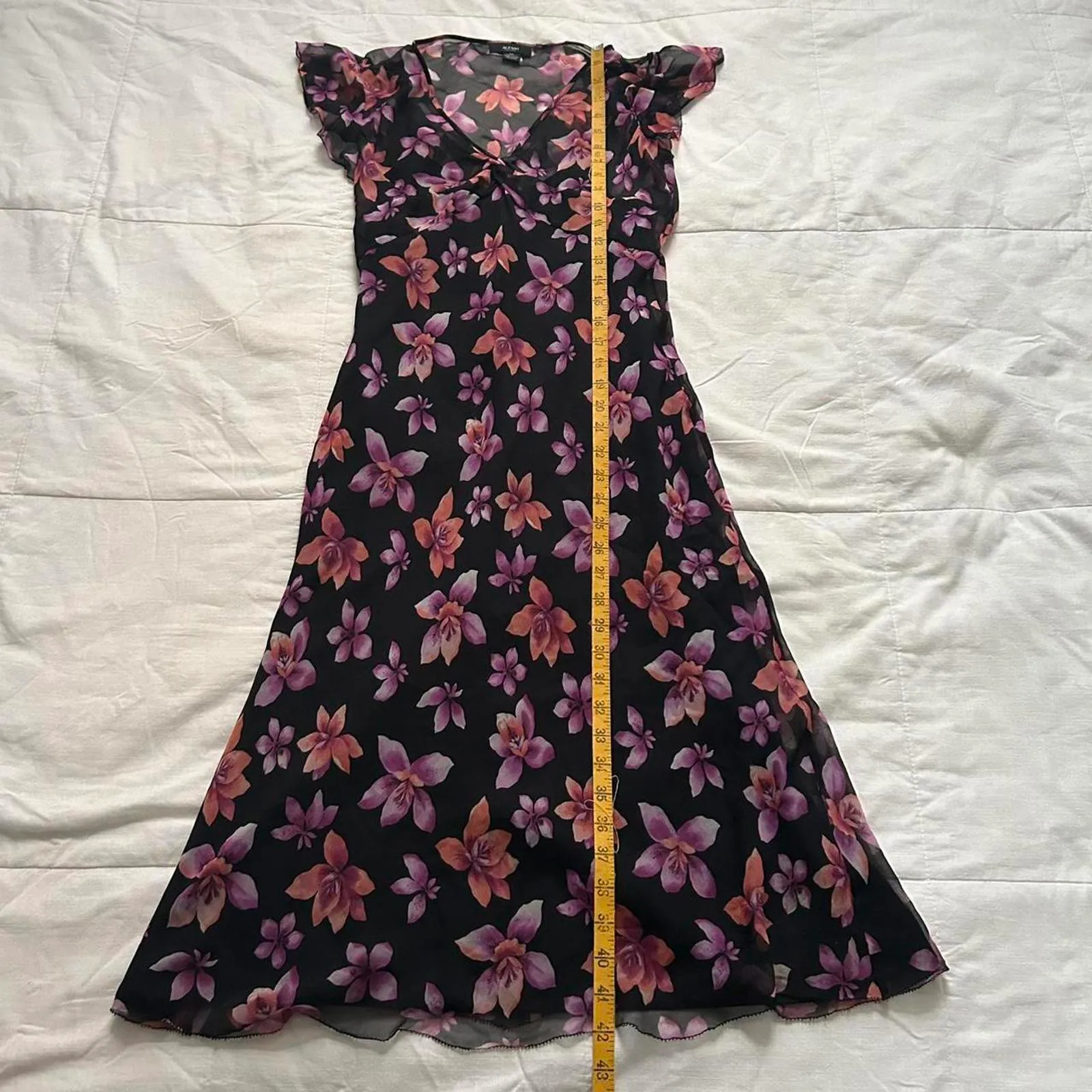 Alfani silk purple pink black floral midi dress babydoll styling flutter sleeves - Image 6