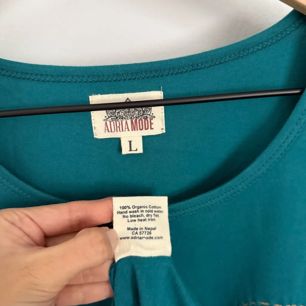 Adria Mode Large Tunic Dress Teal Organic Cotton Lagenlook Spring Squiggly Blue - Image 3