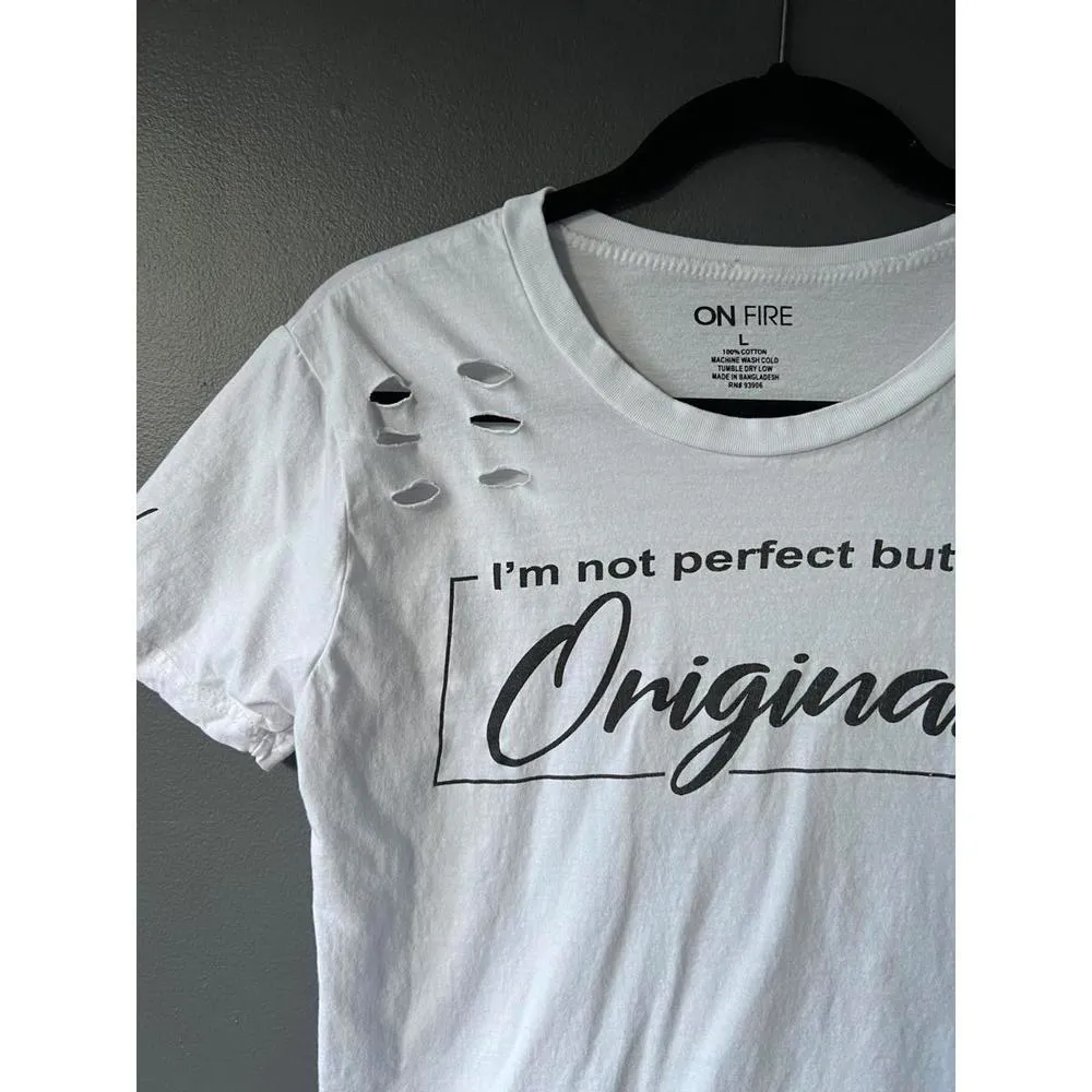 On Fire White Graphic Tee - I'm Not Perfect But I'm Original Size Large - Image 4