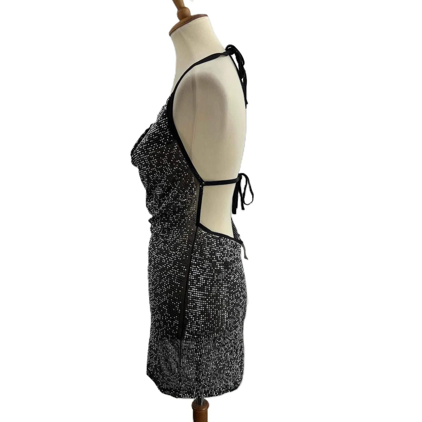 Kikiriki Elbise Mini Dress Black Silver Studded Halter Cowl Neck Size Large New - Image 7