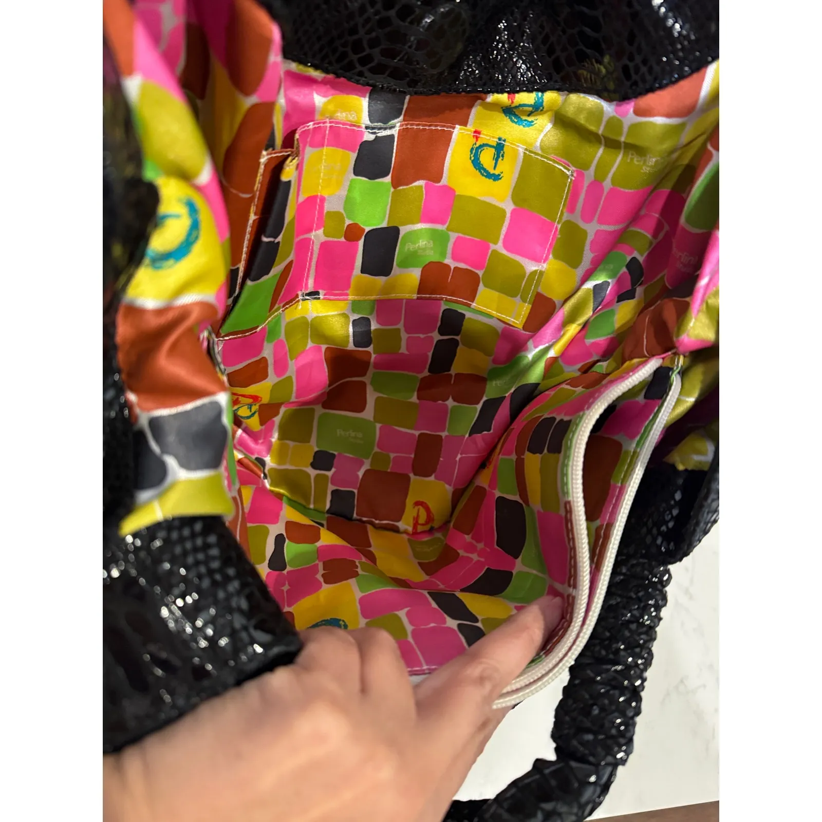 Vintage Perlina Y2K black snake skin leather large hobo bag neutral school work - Image 10