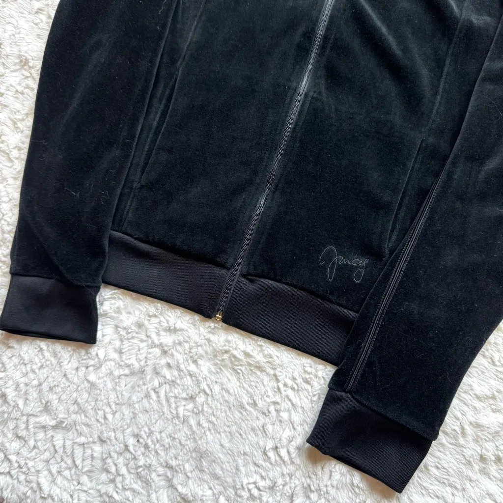 Y2K Juicy Couture Velour Zip Up Hooded Jacket Size M Black Logo Embellished - Image 8