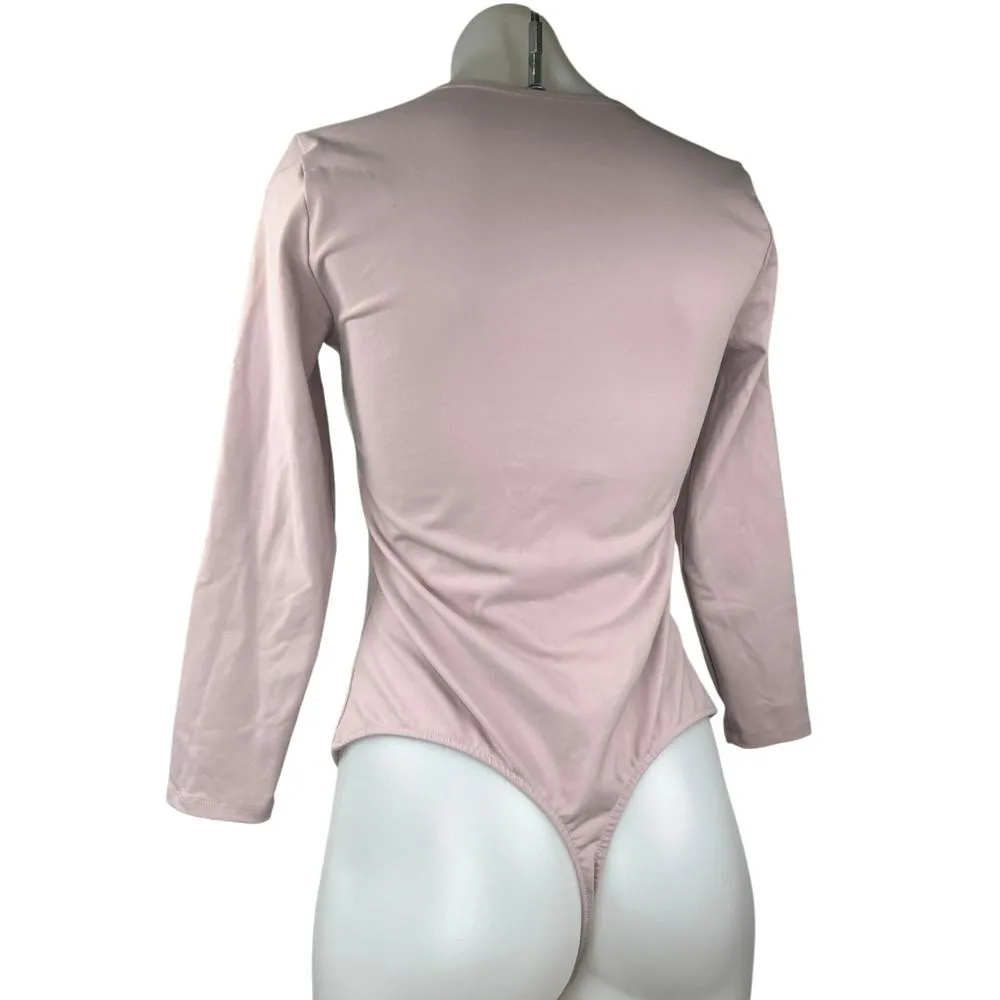 Free People Women's Pink Long Sleeve Square Neck One Piece Thong Bodysuit Top M - Image 2